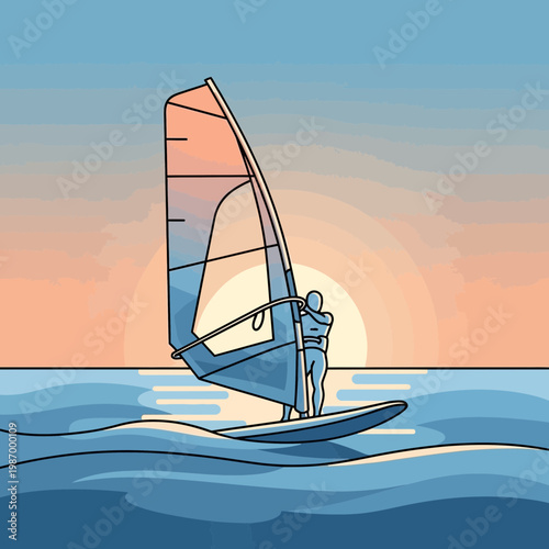 Serene Windsurfing Adventure at Sunset Over Gentle Waves