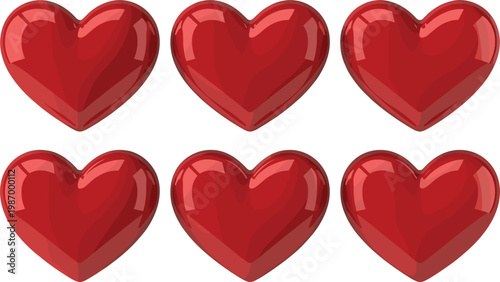 Set of glossy red 3D heart icons with realistic reflections and shine for romantic Valentine's Day celebrations wedding invitations and social media like button symbols, 25 words.