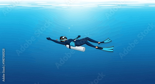 Serene Diver Ascending Through Tranquil Ocean Depths