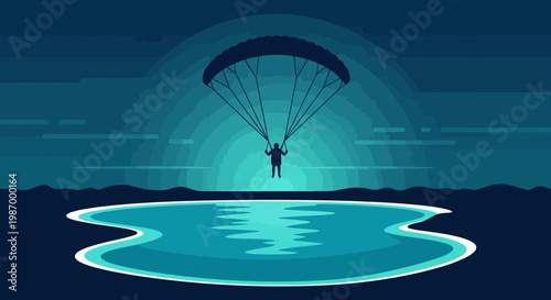 Serene Dusk Paragliding Over Tranquil Water Reflection