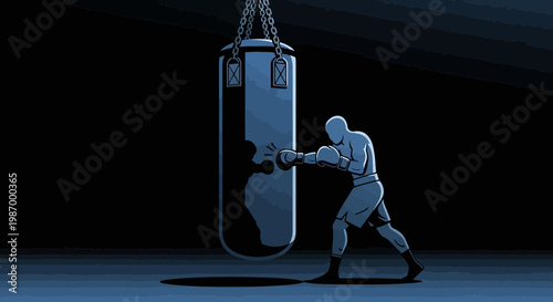 Silhouette Boxer Training With Punching Bag In Dramatic Lighting