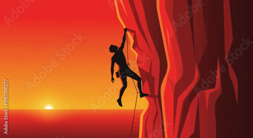 Silhouette Climber Ascending A Red Cliff At Sunset