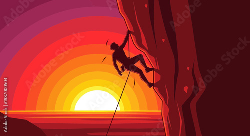 Silhouette Climber Ascending Rock Face Against Vibrant Sunset Horizon