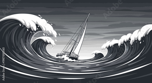 Sailboat Battling Massive Ocean Waves During Stormy Weather