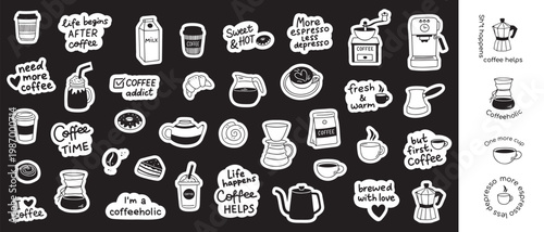 Hand drawn coffee doodle stickers set. Cute coffee design elements and lettering quotes for menu design. Line art clipart symbols.