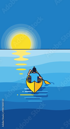 Serene Kayaker Navigates Radiant Sunlit Ocean Waters Toward Horizon