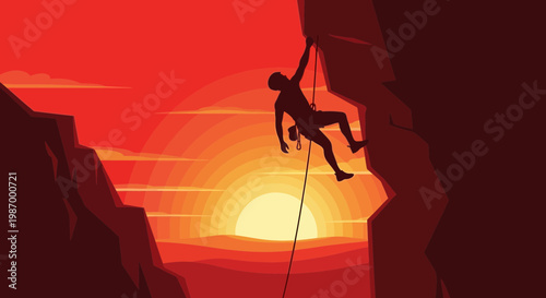 Silhouette Climber Ascending Rugged Peak During Fiery Sunset