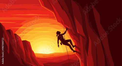 Silhouette Climber Ascending Rugged Peak Against Fiery Sunset Sky
