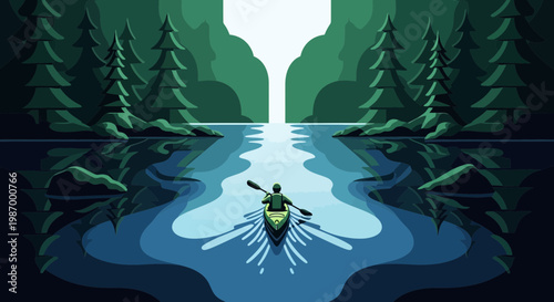 Serene Kayaker Navigates Tranquil Waters Amidst Verdant Forest Scenery