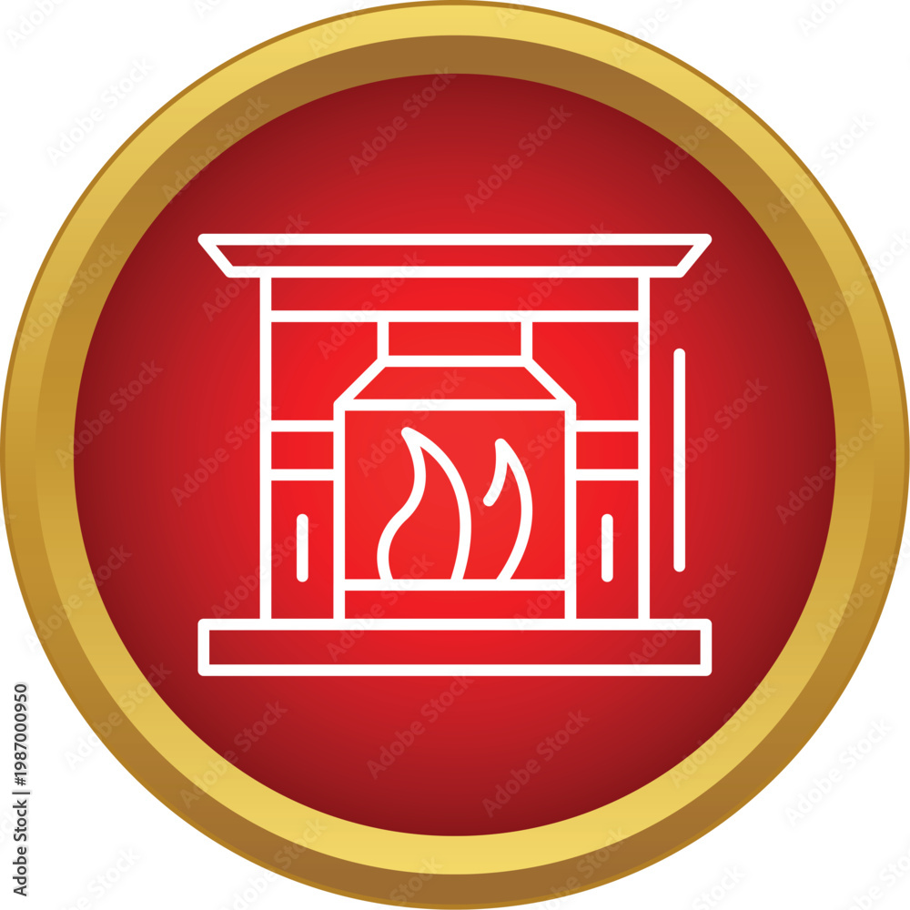 Naklejka premium Fireplace icon on a red and gold button symbolizing heat and comfort