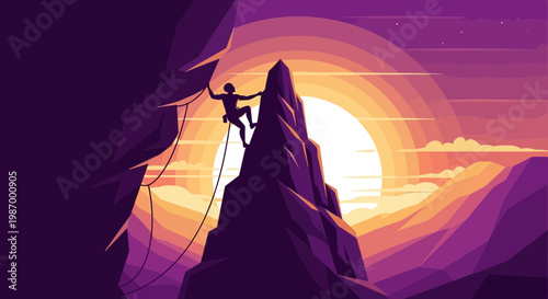 Silhouette Climber Ascends Majestic Peak Against Vibrant Sunset Sky