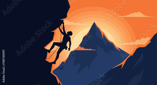 Silhouette Climber Ascends Majestic Mountain Peaks During Vibrant Sunset
