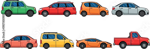 Colorful Car Vehicle Side View Set with SUV, Wagon, Hatchback, Sedan, and Pickup for Automotive and Transport Designs