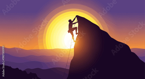 Silhouette Climber Ascends Mountain Peak Against Radiant Sunset Sky
