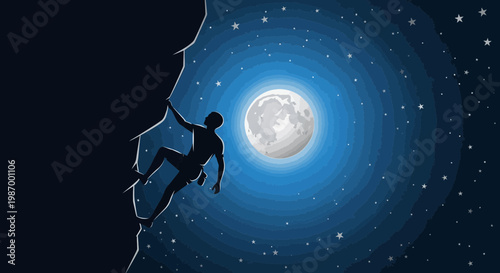 Silhouette Climber Ascends Rocky Face Under Full Moon And Stars