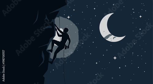 Silhouette Climber Ascends Rocky Face Under Starry Night Sky With Crescent Moon