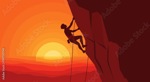 Silhouette Climber Ascends Rocky Peak Against Vibrant Sunset Sky