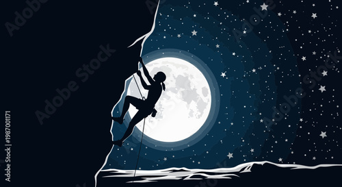 Silhouette Climber Ascends Rocky Peak Under Full Moon And Starry Sky Adventure