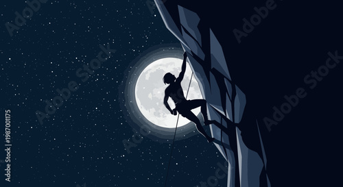 Silhouette Climber Ascends Rocky Peak Under Expansive Moonlit Night Sky
