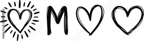 Set of hand drawn sketchy heart icons and letter M symbol in a minimalist doodle style for romantic wedding invitations Valentines Day graphics and personalized creative branding, 25 words.