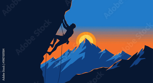 Silhouette Climber Ascends Rocky Peaks At Golden Sunrise
