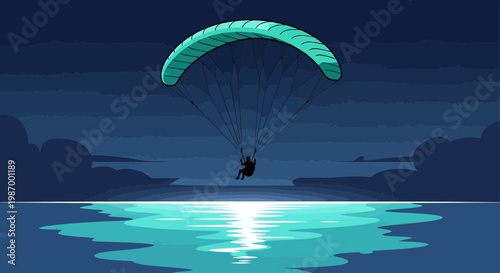 Serene Night Paragliding Over Reflective Waters
