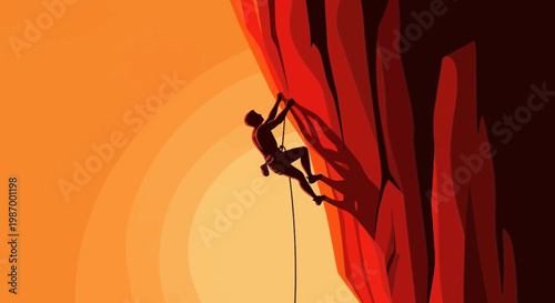 Silhouette Climber Ascends Rugged Cliff Face Against Fiery Sunset Sky