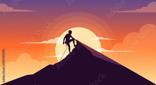 Silhouette Climber Reaches Summit Against Vibrant Sunset Sky