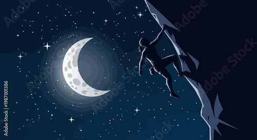 Silhouette Climber Reaching Heights Under Lunar Glow And Starry Sky