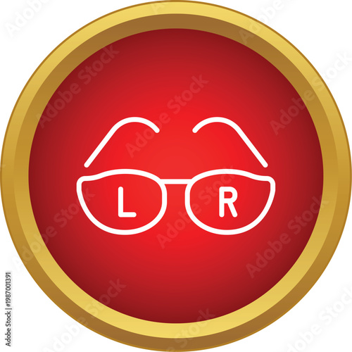 Eyeglasses line icon showing left and right lenses on a red circle background