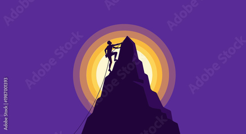 Silhouette Climber Reaching Mountain Peak Against Vivid Sunset Horizon