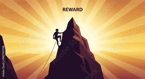Silhouette Climber Reaches Summit Peak With Inspirational Reward Sunburst Sky