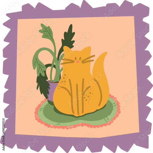 Adorable illustration of an orange cat sitting on a soft rug next to a houseplant, in frame. The textured frame adds a poster-like feel, making this artwork perfect for nursery decor, pet-themed, etc