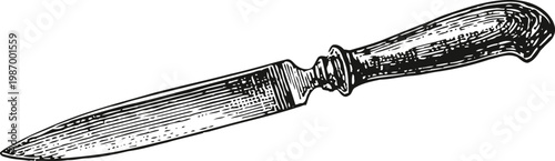 Vintage letter opener with wooden handle and detailed engraved metal blade sketch illustration