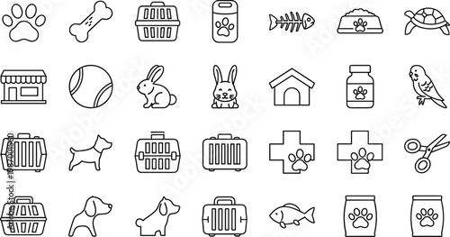 Pet care outline icons collection featuring paw bone carrier food bowl turtle dog cat rabbit veterinary vector illustration symbol set