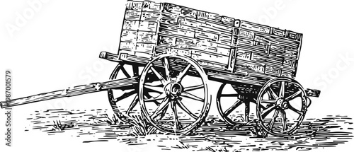 Vintage wooden wagon with large spoked wheels standing on ground, rustic antique farm cart illustration