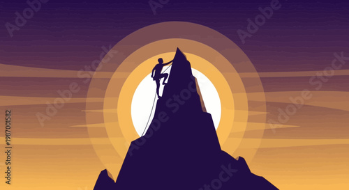 Silhouette Of A Climber Ascending A Mountain Peak Against A Vibrant Sunset