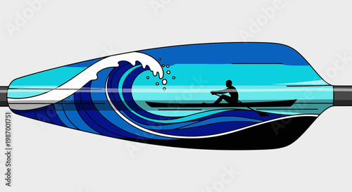 Silhouette Of A Lone Rower Navigating A Stylized Ocean Wave