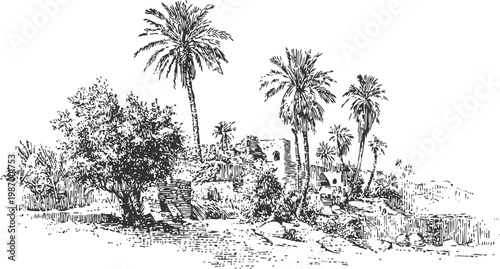 Desert oasis landscape with palm trees and stone structures in a natural environment sketch