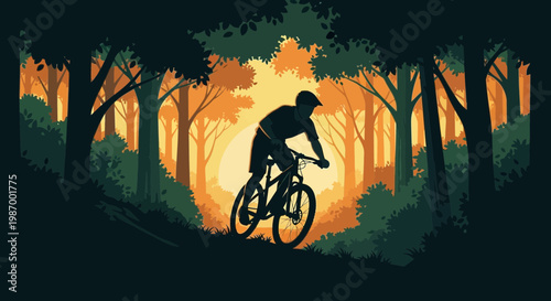 Silhouette Of A Mountain Biker Riding Through A Vibrant Forest At Sunset