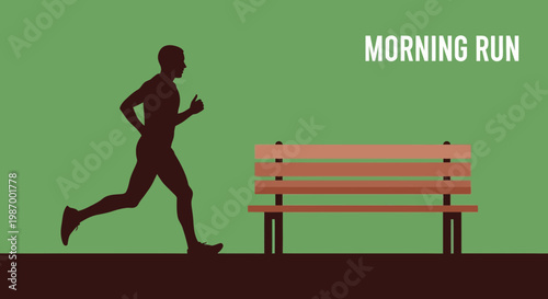 Silhouette Of A Man Performing A Morning Run Next To A Park Bench
