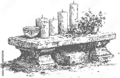 Rustic wooden altar table with lit candles, bowl, flowers, and a sacred book illustration