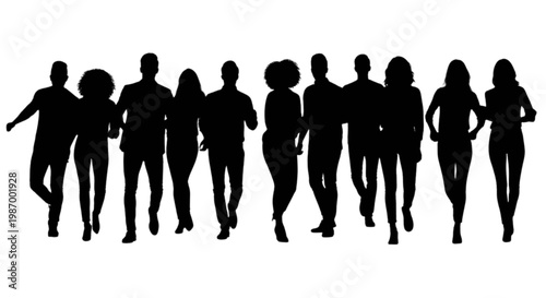 Group of silhouetted people walking together in a line isolated on transparent background, Vector