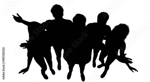 Five silhouetted figures standing closely together with arms raised in celebration isolated on transparent background, Vector