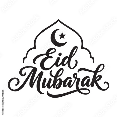 Eid Mubarak Calligraphy Greeting Design with Mosque Dome, Crescent Moon and Star Symbol