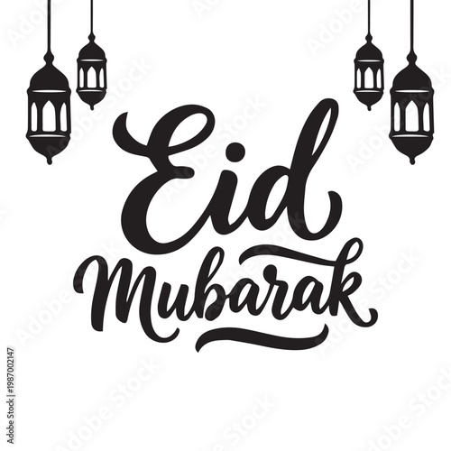 Eid Mubarak Calligraphy Greeting with Hanging Arabic Lanterns on White Background