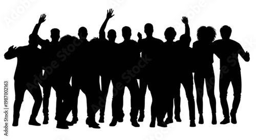 Group of people celebrating with arms raised in unity isolated on transparent background, Vector