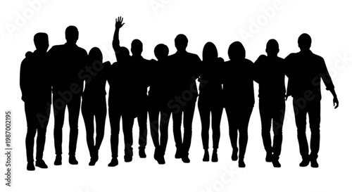 Bild auf Leinwand Group of people standing together with one person raising their hand isolated on