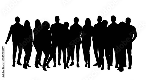 Silhouettes of diverse individuals standing closely together in a line isolated on transparent background, Vector