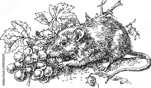 Mouse eating grapes detailed vintage ink drawing of rodent with grapevine leaves and fruit
